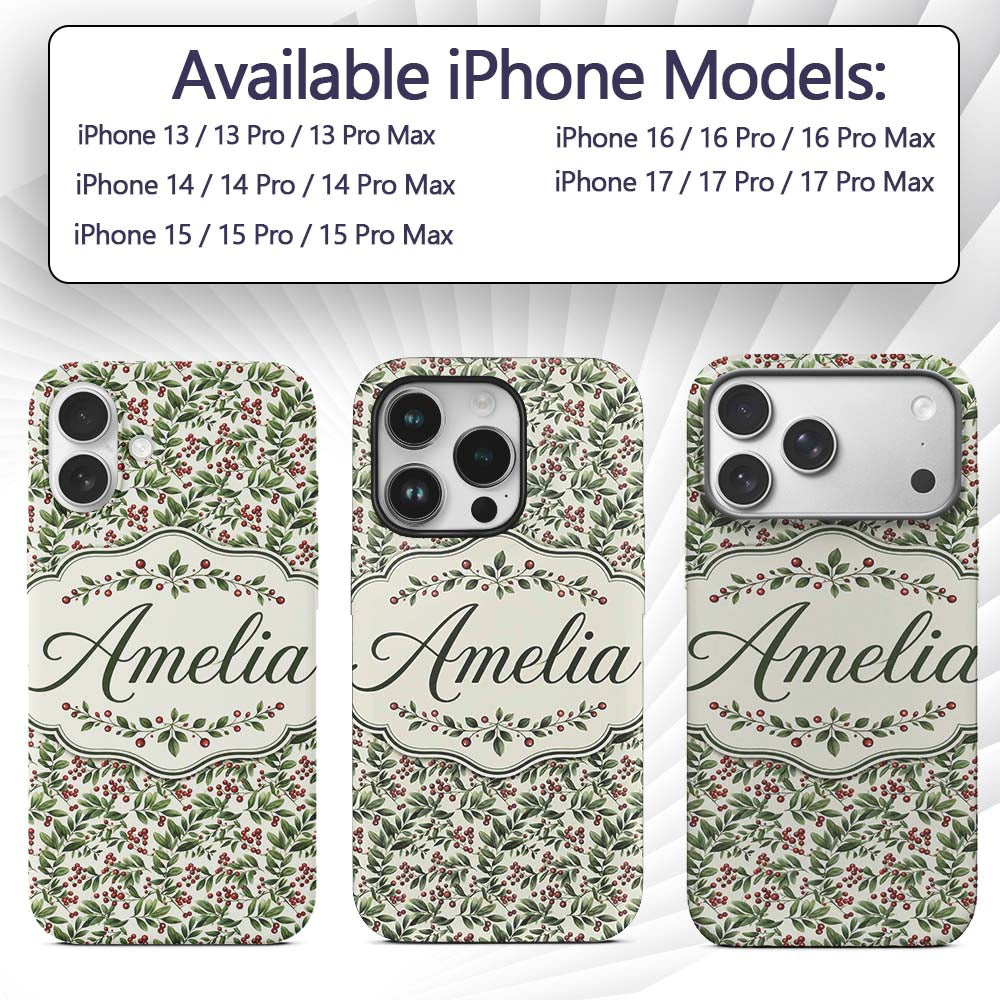 Delicate Green Leaves and Red Berries Minimal Custom Name Protective Phone Case Mobile Cover Durable Everyday Smartphone Shock Resistant