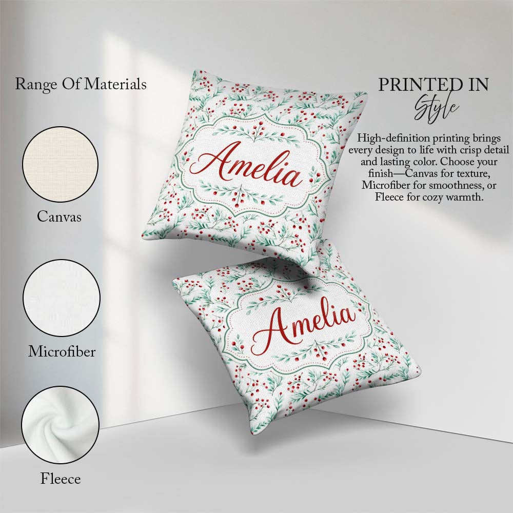 Custom Name Classic Green and Red Berry Botanical Repeat Pattern Square Filled Cushion Throw Pillow Sofa Bed Home Decor Zip Washable UK Made