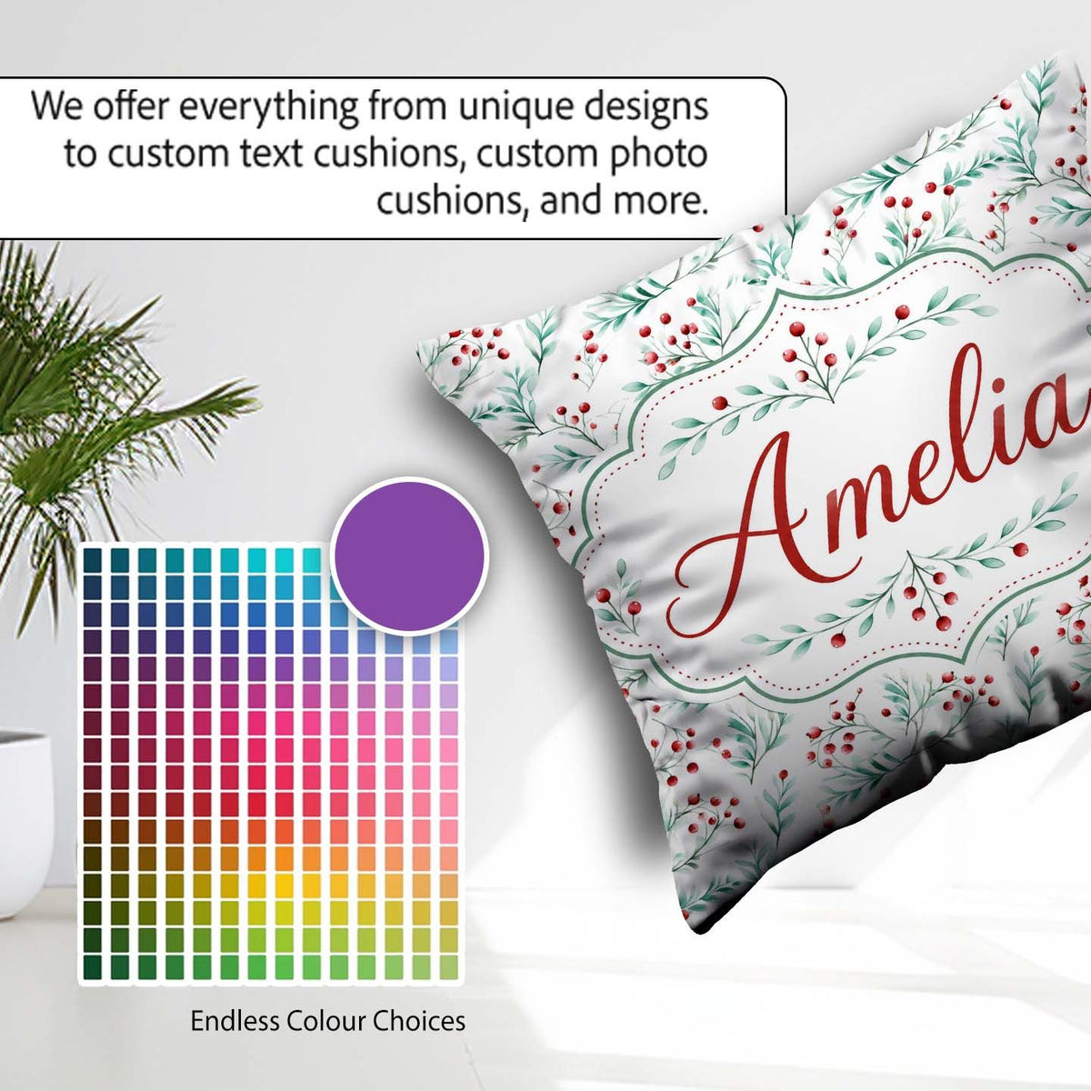 Custom Name Classic Green and Red Berry Botanical Repeat Pattern Square Filled Cushion Throw Pillow Sofa Bed Home Decor Zip Washable UK Made