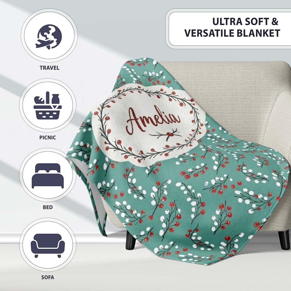 Soft Blue Green Foliage with Red Berries Watercolor Seamless Pattern Personalised Custom Name Super Soft Fleece Blanket Bed Sofa Throw