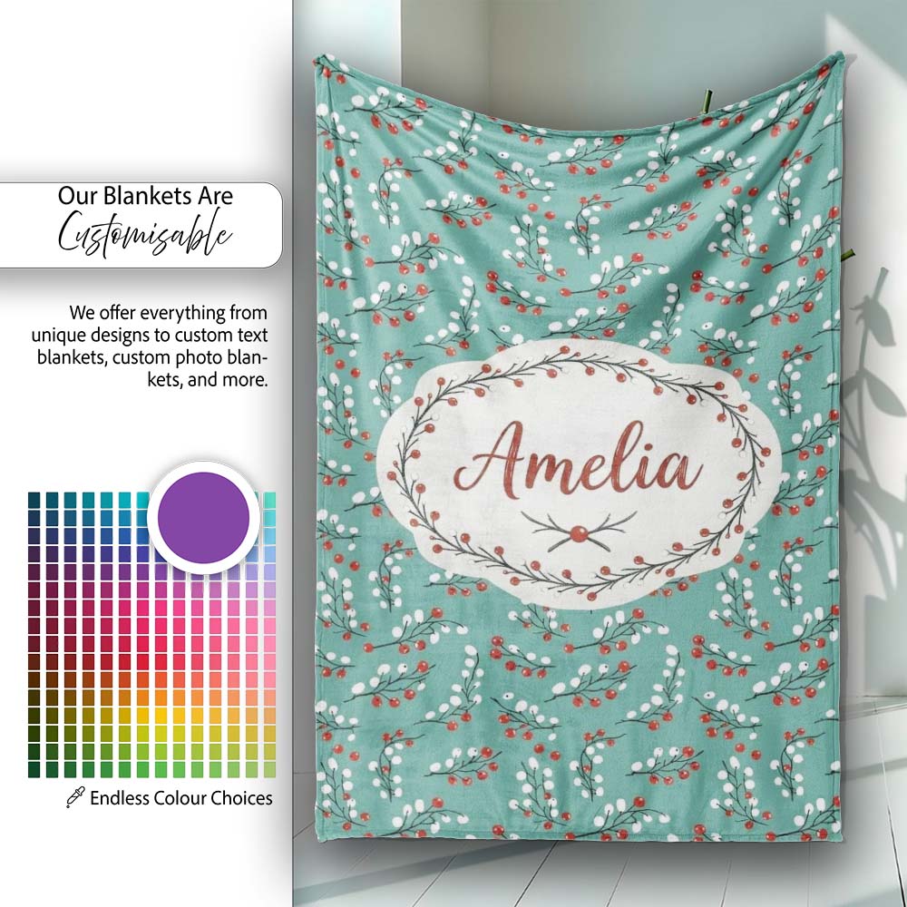 Soft Blue Green Foliage with Red Berries Watercolor Seamless Pattern Personalised Custom Name Super Soft Fleece Blanket Bed Sofa Throw