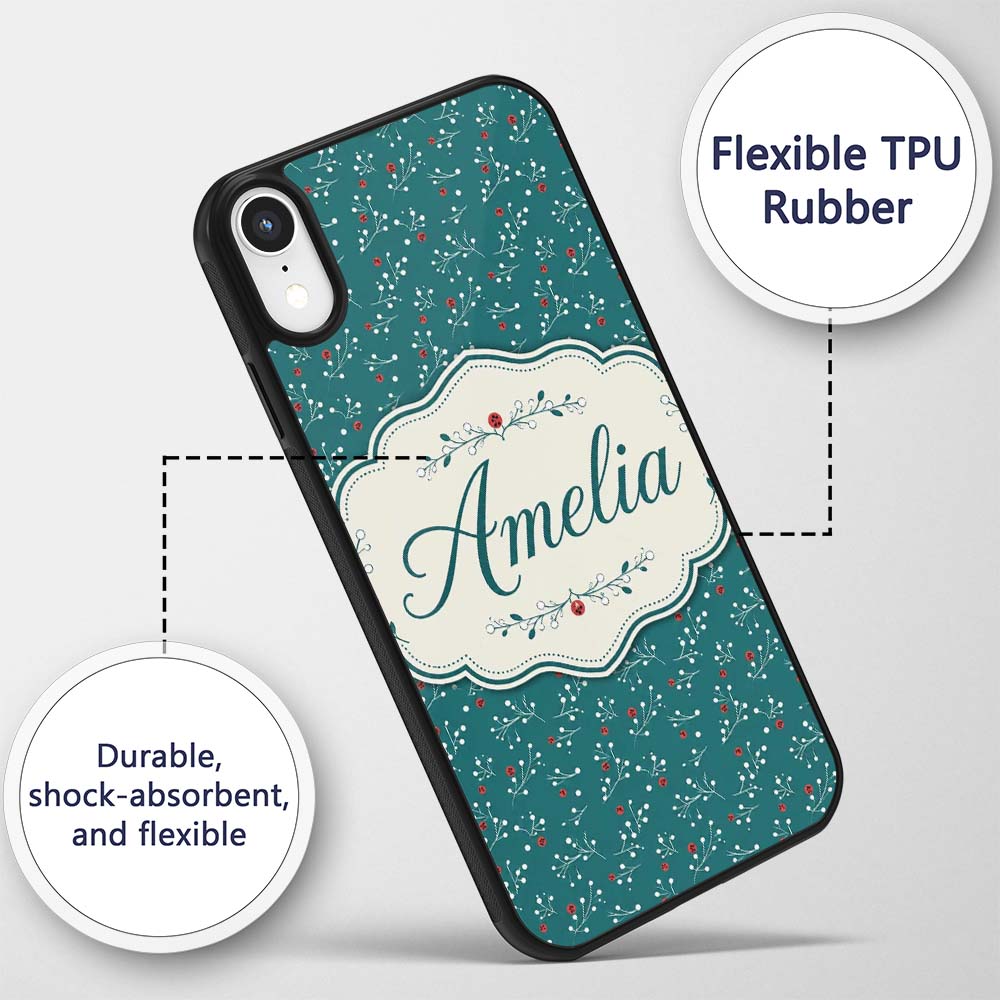 Modern Teal Background Red and White Berry Branch Custom Name Protective Phone Case Mobile Cover Durable Everyday Smartphone Shock Resistant