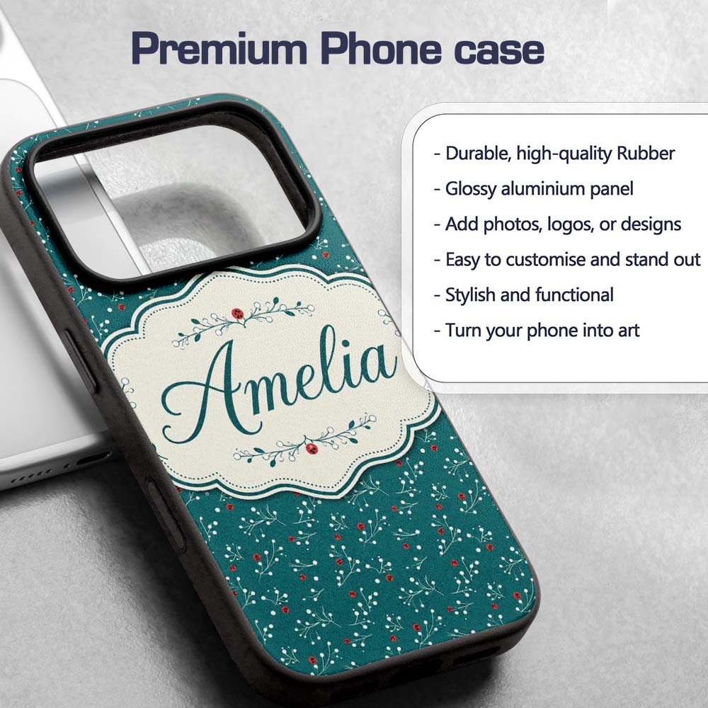 Modern Teal Background Red and White Berry Branch Custom Name Protective Phone Case Mobile Cover Durable Everyday Smartphone Shock Resistant