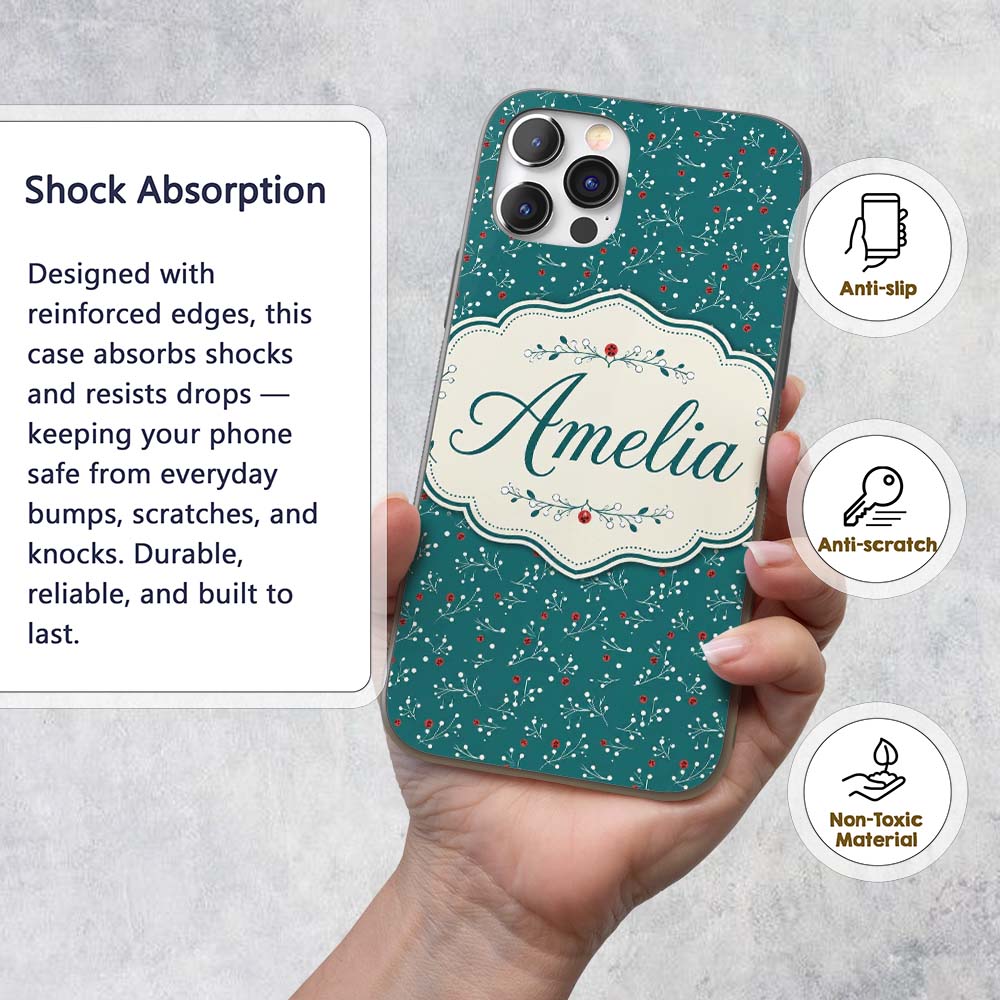 Modern Teal Background Red and White Berry Branch Custom Name Protective Phone Case Mobile Cover Durable Everyday Smartphone Shock Resistant