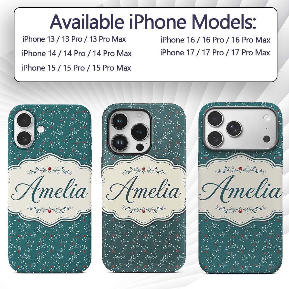 Modern Teal Background Red and White Berry Branch Custom Name Protective Phone Case Mobile Cover Durable Everyday Smartphone Shock Resistant