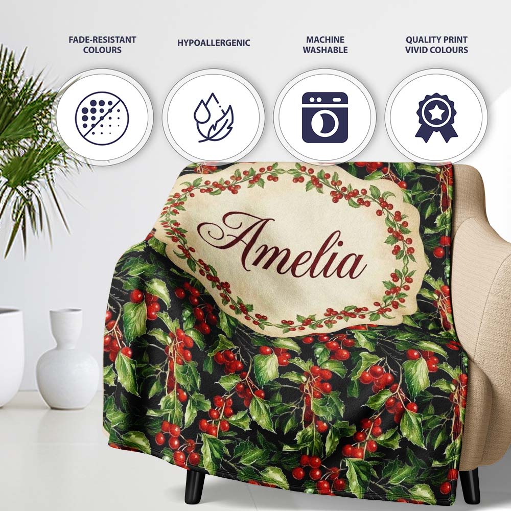 Rich Dark Holly Leaves and Red Berries Christmas Seamless Pattern Personalised Custom Name Super Soft Fleece Blanket Bed Sofa Throw