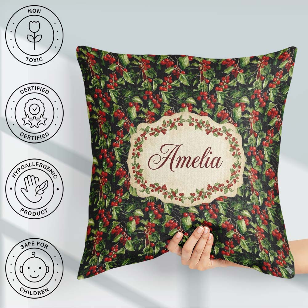 Custom Name Rich Holly Leaves and Red Berries Christmas Seamless Square Filled Cushion Throw Pillow Sofa Bed Home Decor Zip Washable UK Made