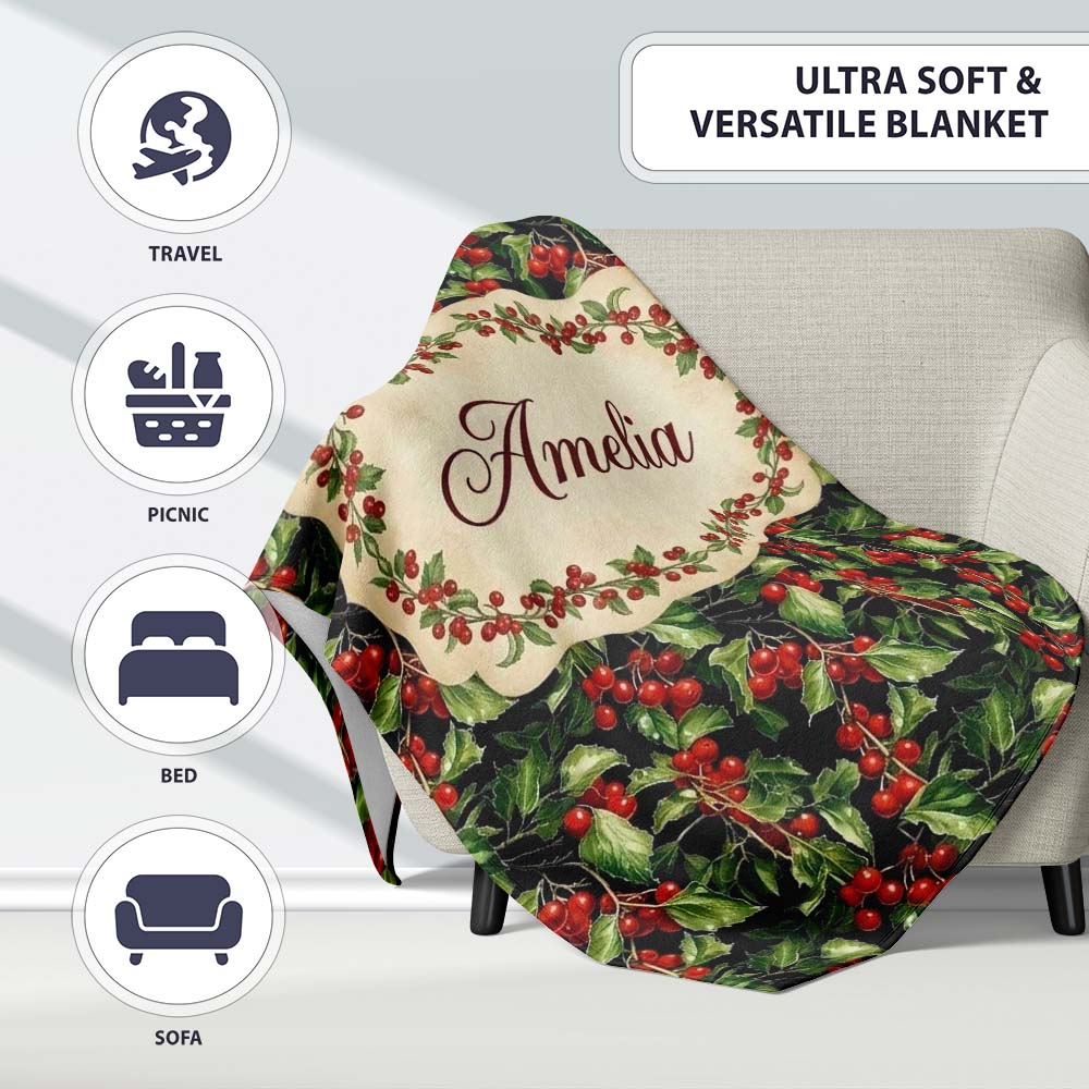 Rich Dark Holly Leaves and Red Berries Christmas Seamless Pattern Personalised Custom Name Super Soft Fleece Blanket Bed Sofa Throw