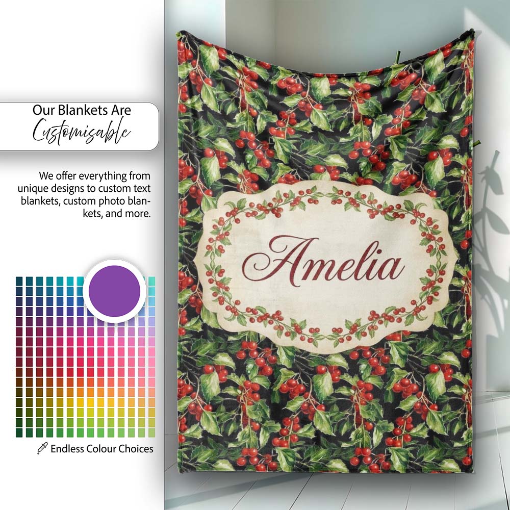 Rich Dark Holly Leaves and Red Berries Christmas Seamless Pattern Personalised Custom Name Super Soft Fleece Blanket Bed Sofa Throw