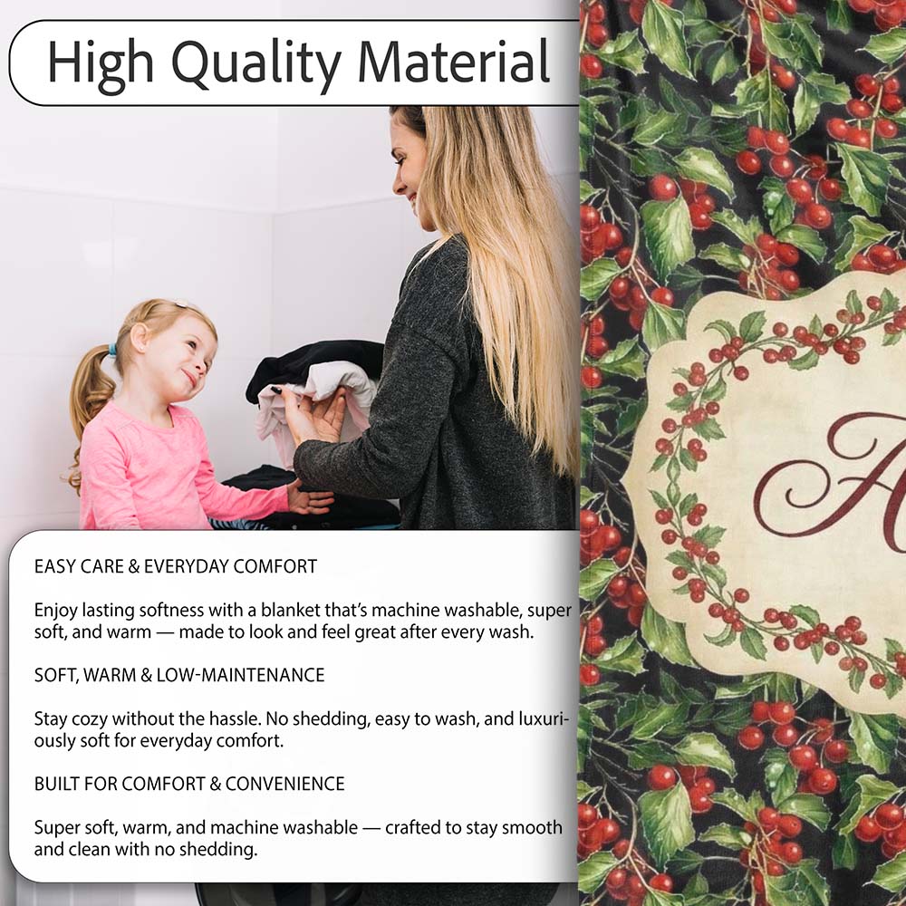 Rich Dark Holly Leaves and Red Berries Christmas Seamless Pattern Personalised Custom Name Super Soft Fleece Blanket Bed Sofa Throw