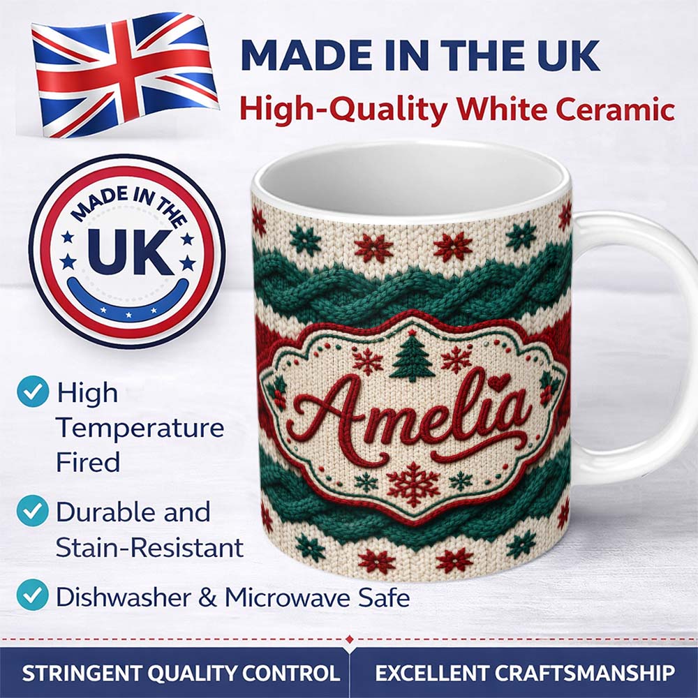 Personalized Custom Name Cute Festive Knitted Texture Red Green White Cozy Seamless Pattern 11oz Ceramic Coffee Tea Mug White Large Handle