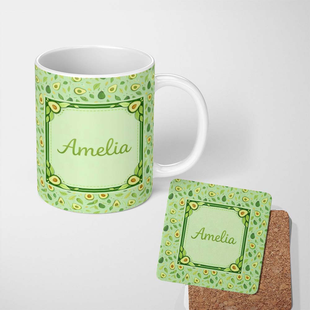 Personalized Custom Name Minimal Avocado Green Aesthetic Pattern Stylish Everyday Mug Lovely 11oz Ceramic Coffee Tea Mug White Large Handle