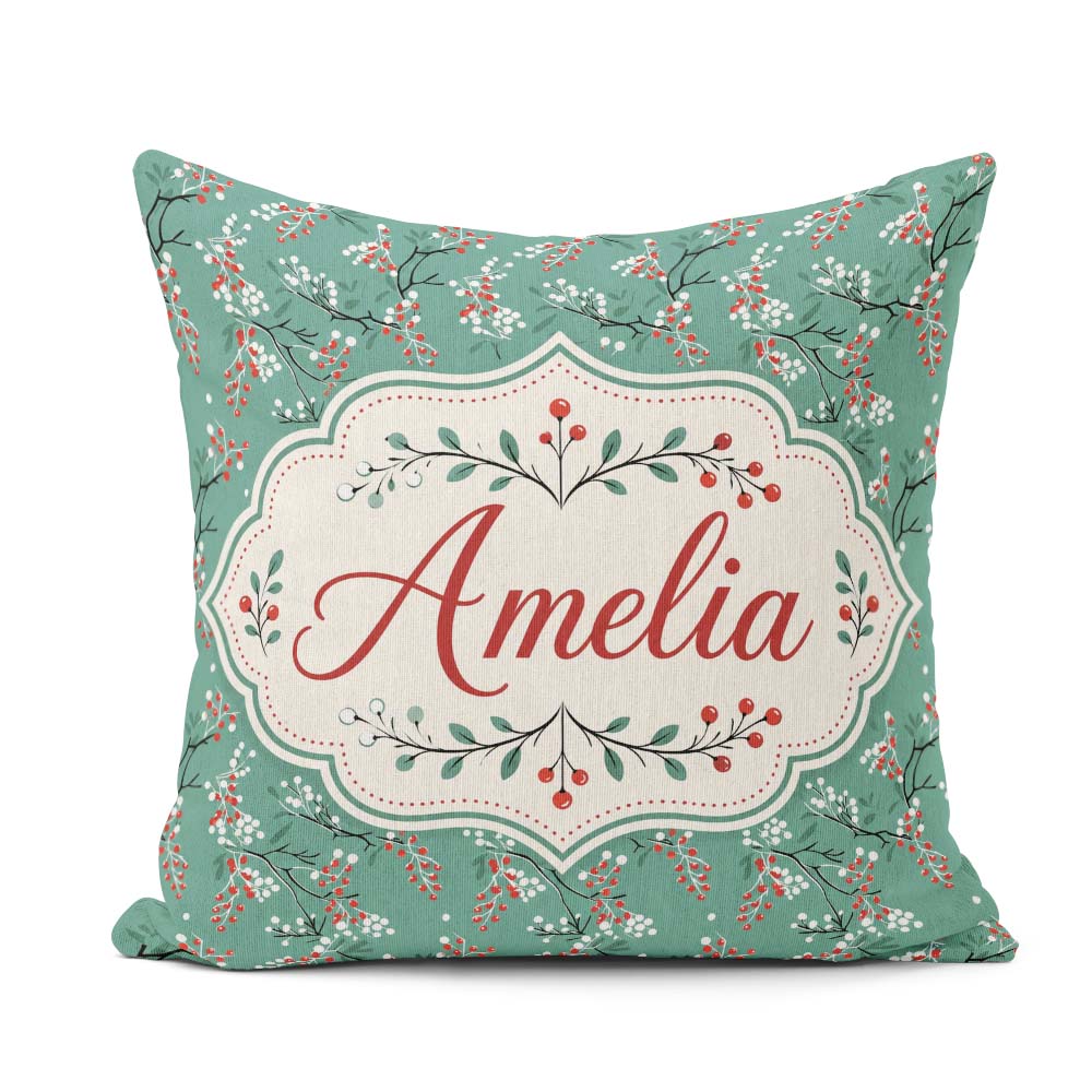 Custom Name Festive Green Background Red and White Berry Pattern Square Filled Cushion Throw Pillow Sofa Bed Home Decor Zip Washable UK Made