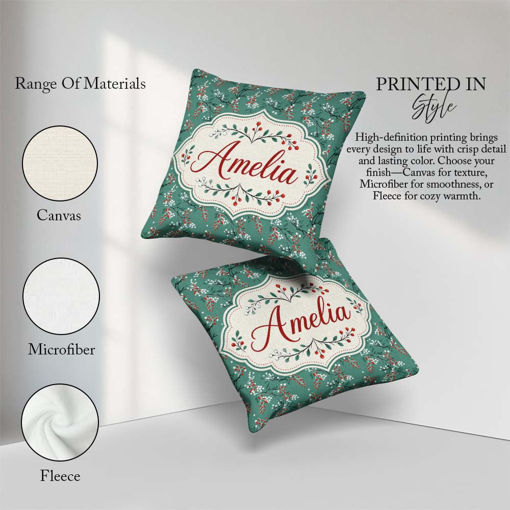 Custom Name Festive Green Background Red and White Berry Pattern Square Filled Cushion Throw Pillow Sofa Bed Home Decor Zip Washable UK Made
