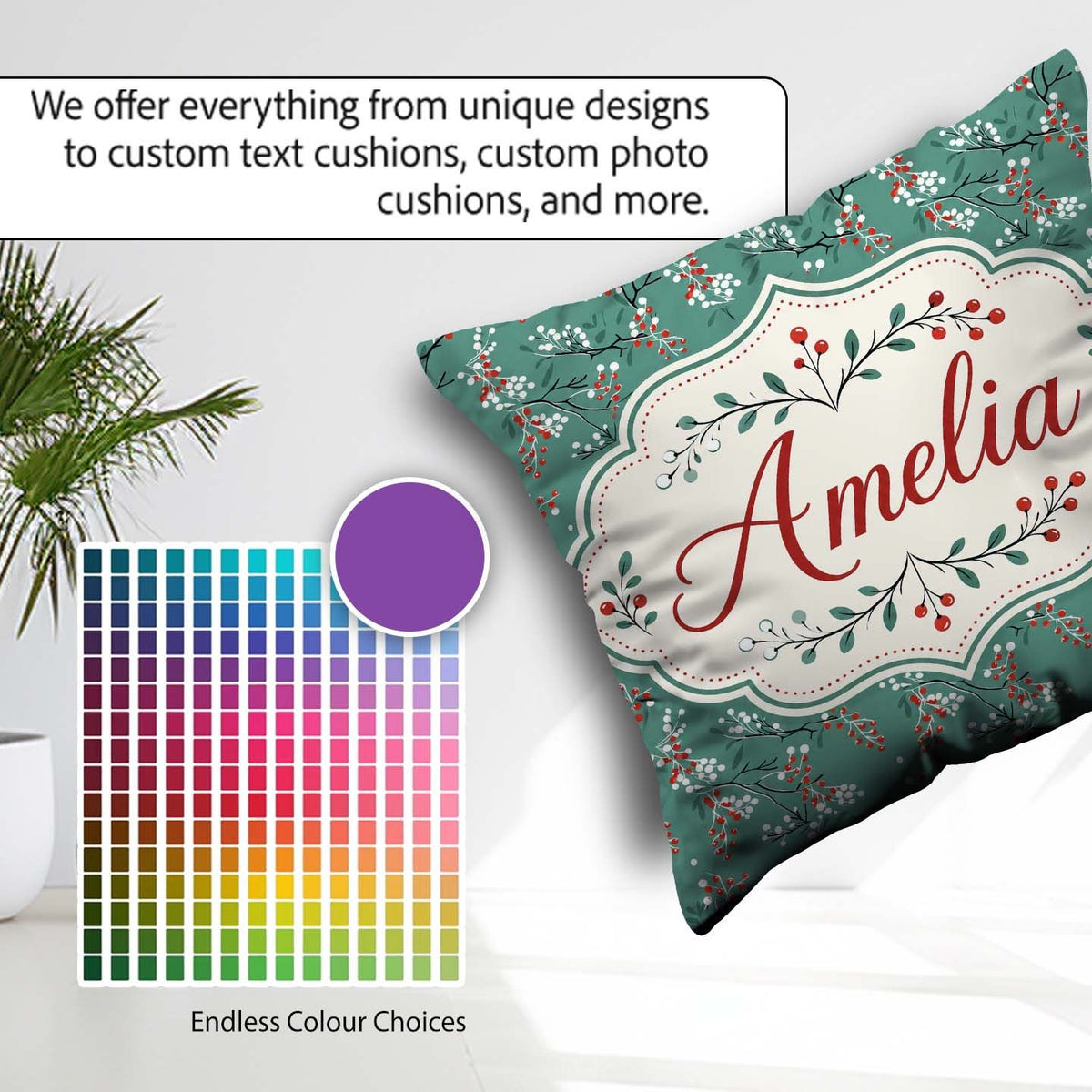 Custom Name Festive Green Background Red and White Berry Pattern Square Filled Cushion Throw Pillow Sofa Bed Home Decor Zip Washable UK Made