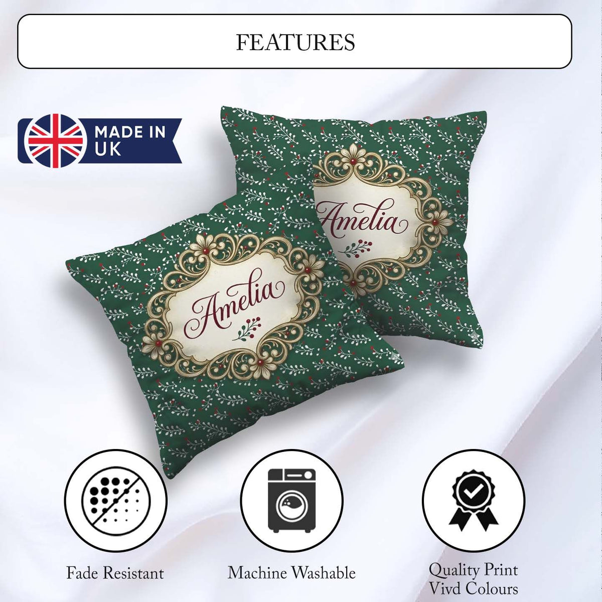 Custom Name Elegant and Berry Botanical Cream Background Pattern Square Filled Cushion Throw Pillow Sofa Bed Home Decor Zip Washable UK Made