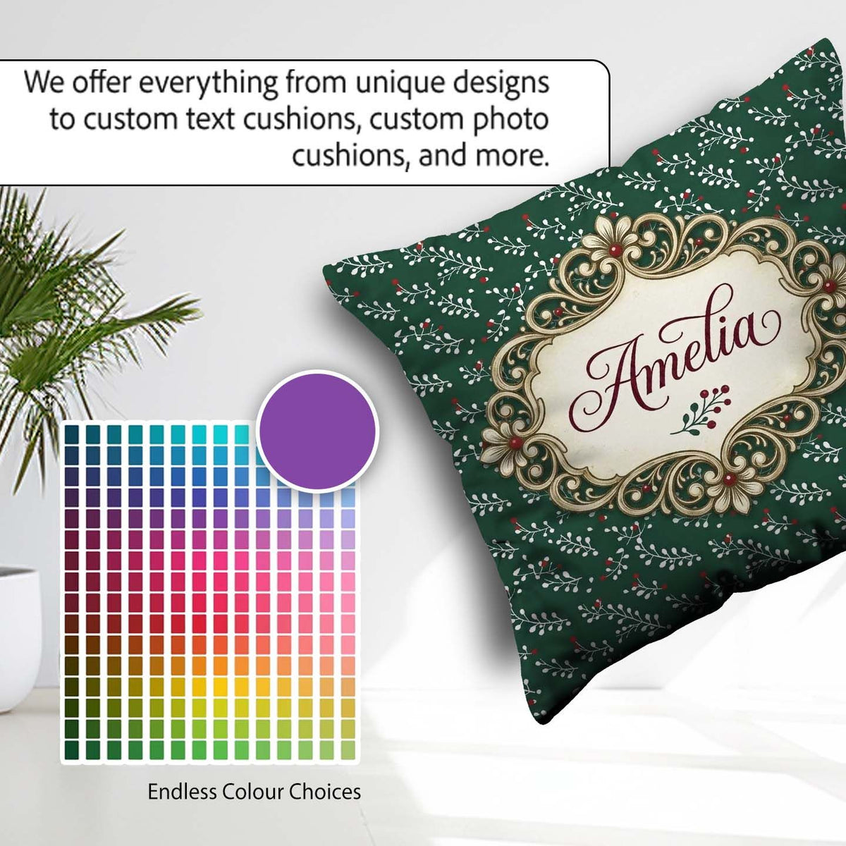 Custom Name Elegant and Berry Botanical Cream Background Pattern Square Filled Cushion Throw Pillow Sofa Bed Home Decor Zip Washable UK Made