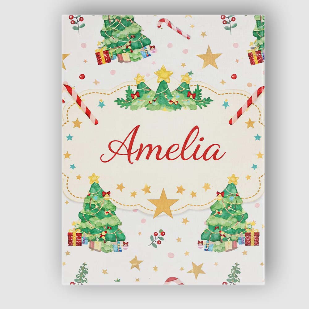Personalised Name Watercolor Christmas Tree Candy Cane Pattern Custom Modern Room Accent Canvas Wall Art Print Decor Picture Ready to Hang