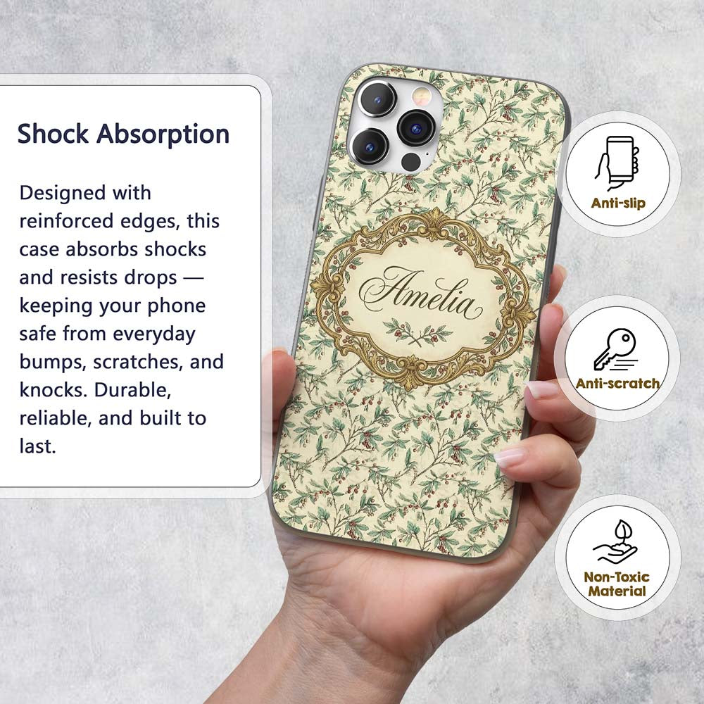 Vintage Botanical Branches with Printed Design Custom Name Protective Phone Case Mobile Cover Durable Everyday Smartphone Shock Resistant