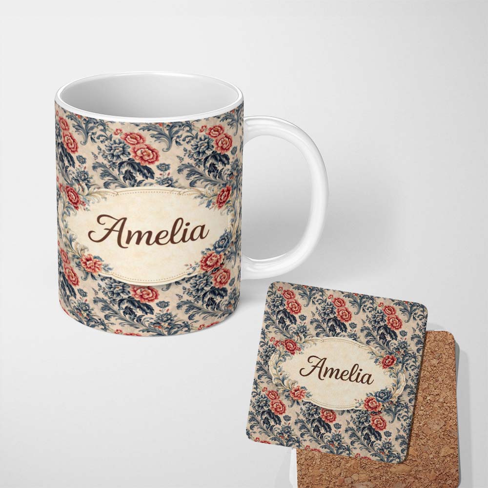 Personalized Custom Name Blue Red Vintage Floral Seamless Pattern Classic Botanical Lovely 11oz Ceramic Coffee Tea Mug White Large Handle