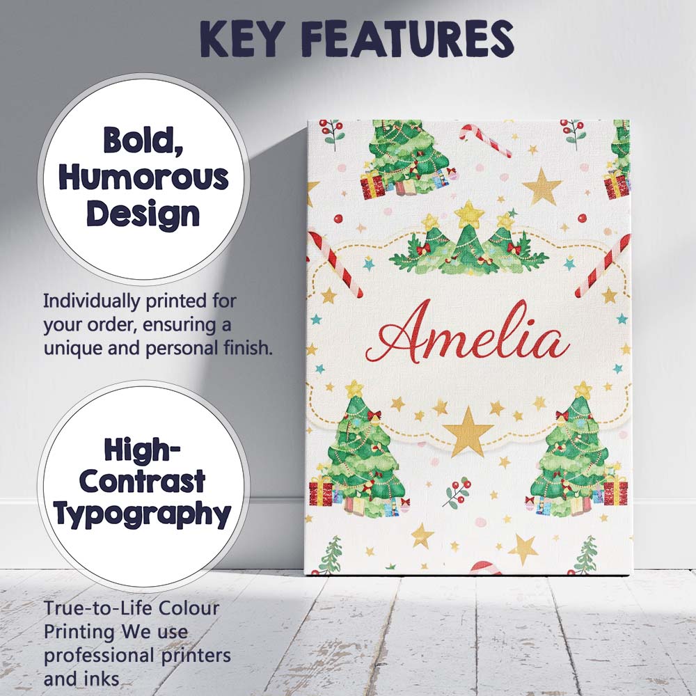 Personalised Name Watercolor Christmas Tree Candy Cane Pattern Custom Modern Room Accent Canvas Wall Art Print Decor Picture Ready to Hang