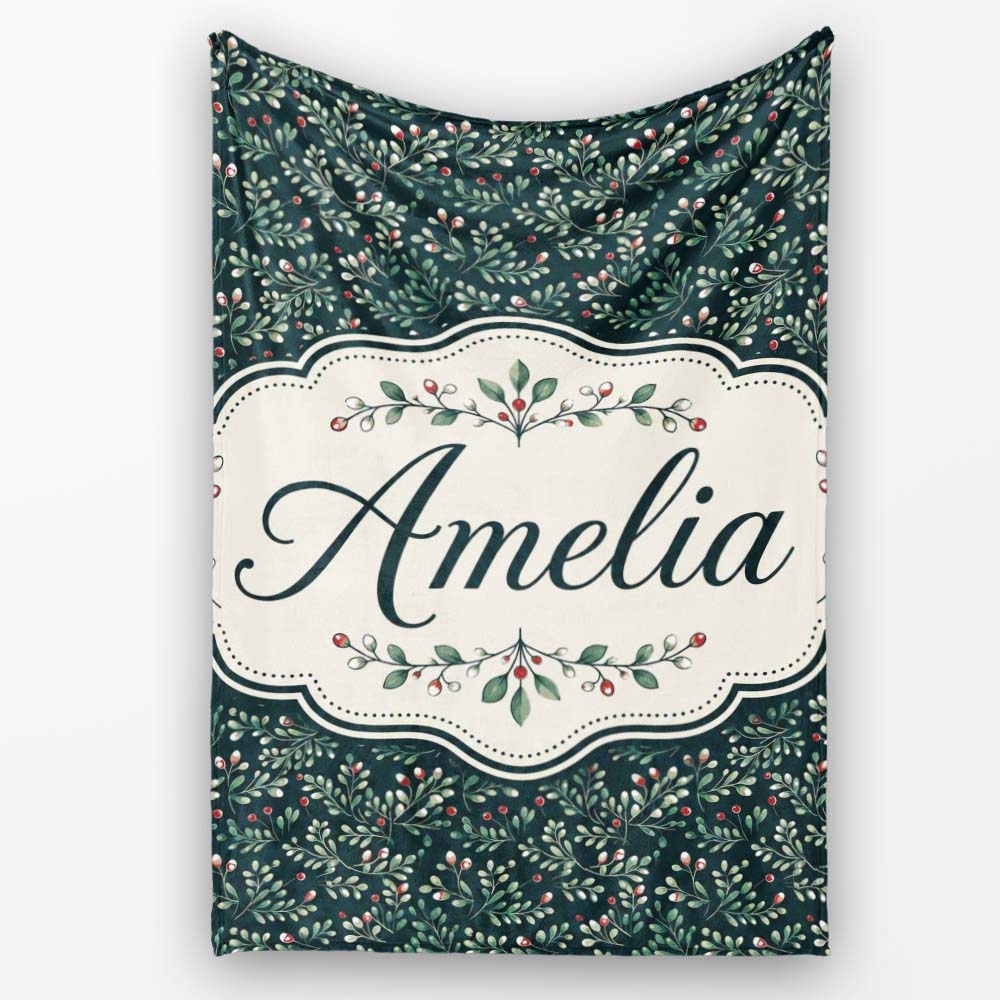 Dark Green Botanical Leaves and Red Berry Detailed Pattern Lovely Personalised Custom Name Super Soft Fleece Blanket Bed Sofa Throw