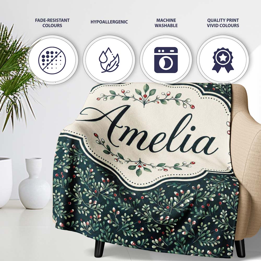 Dark Green Botanical Leaves and Red Berry Detailed Pattern Lovely Personalised Custom Name Super Soft Fleece Blanket Bed Sofa Throw