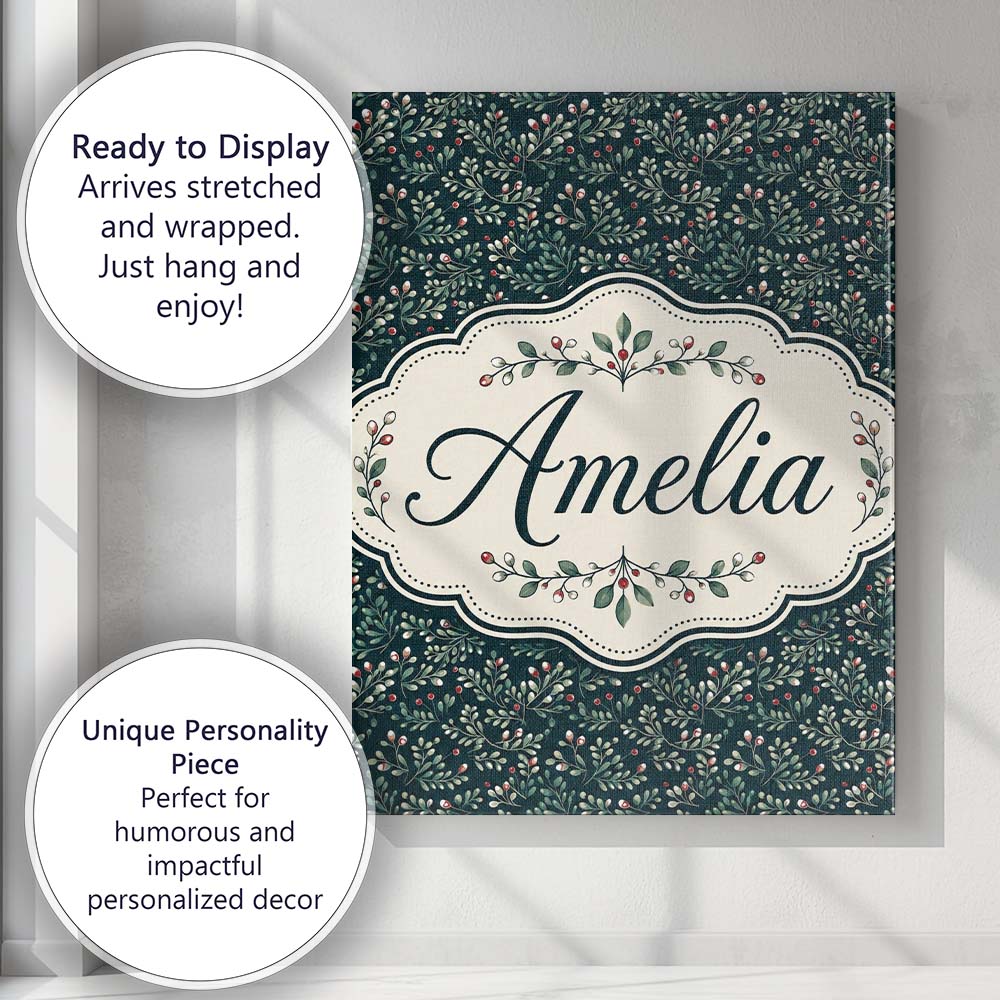 Personalised Name Dark Green Botanical Custom Modern Room Accent Elegant Feature Canvas Wall Art Print Decor Picture Ready to Hang