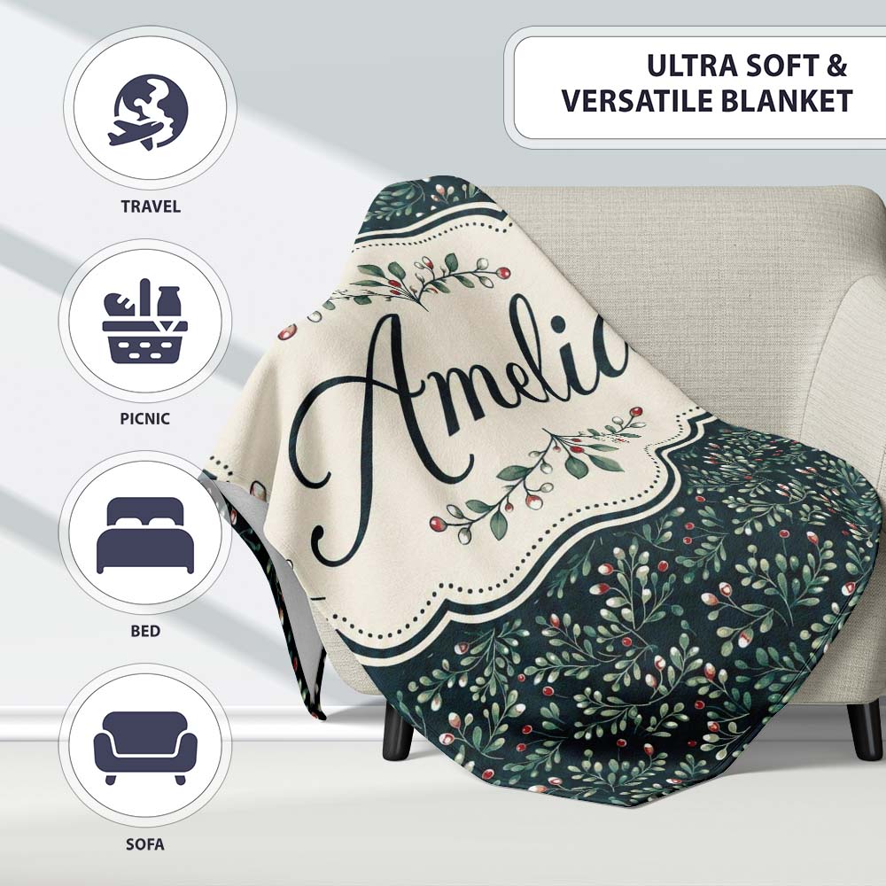 Dark Green Botanical Leaves and Red Berry Detailed Pattern Lovely Personalised Custom Name Super Soft Fleece Blanket Bed Sofa Throw