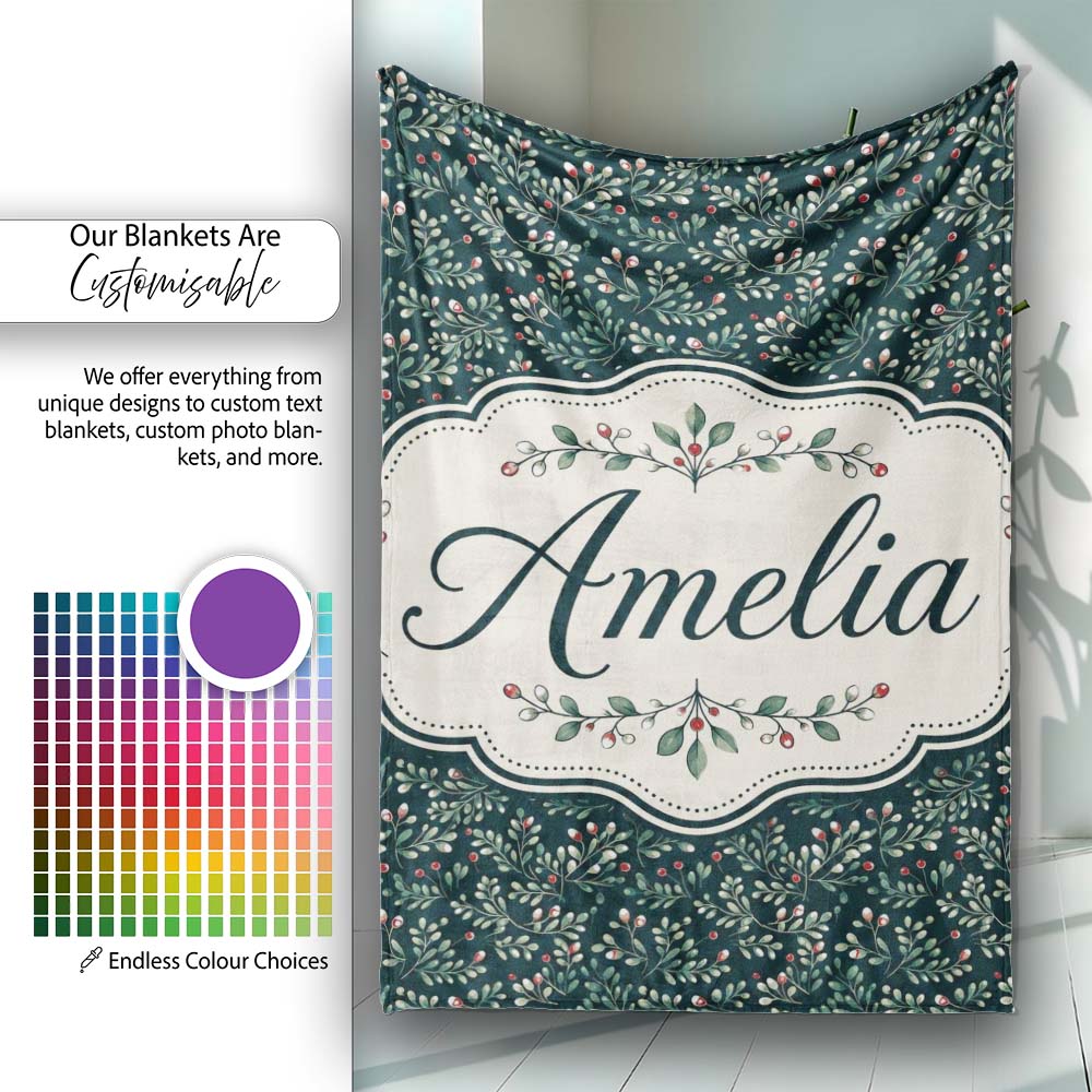 Dark Green Botanical Leaves and Red Berry Detailed Pattern Lovely Personalised Custom Name Super Soft Fleece Blanket Bed Sofa Throw