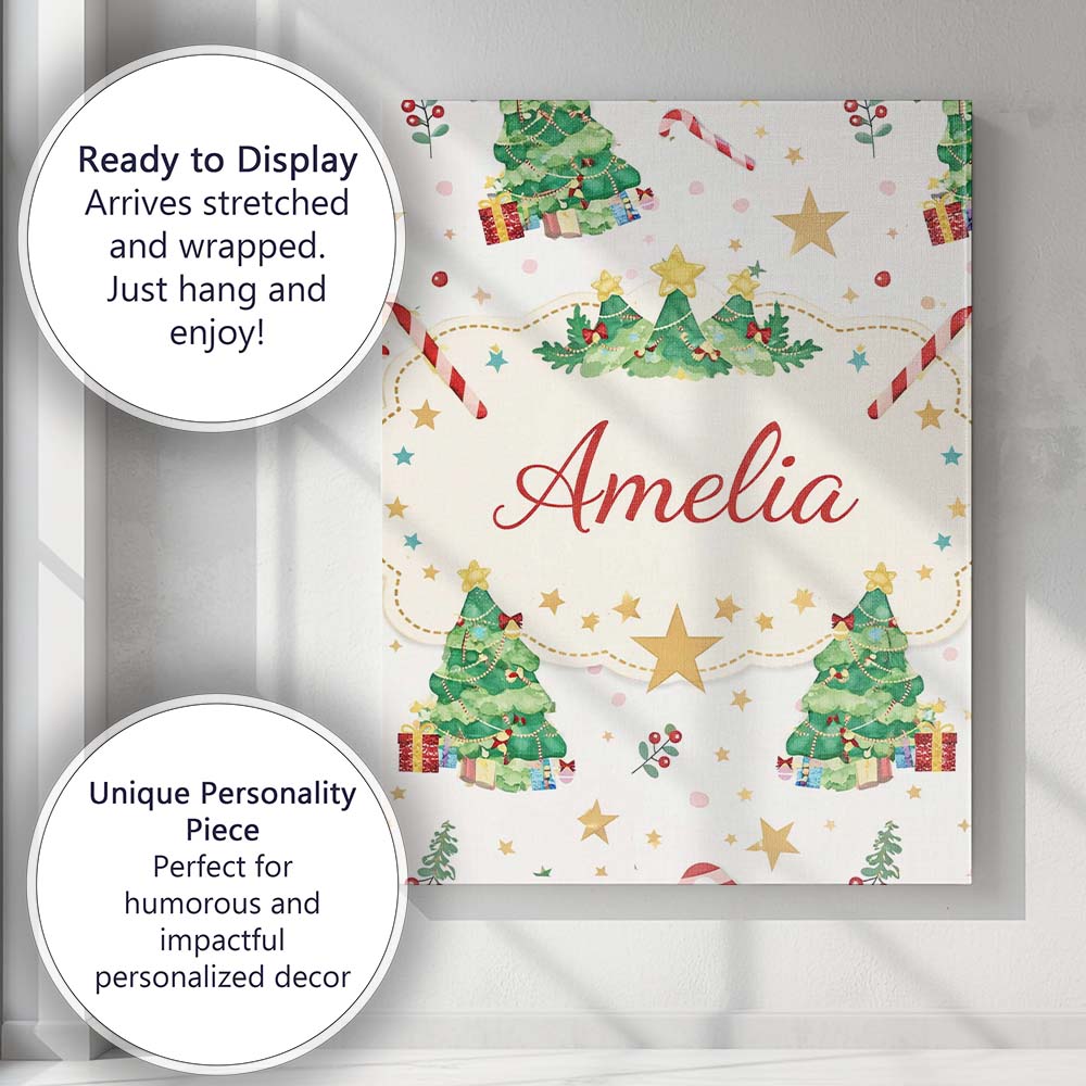 Personalised Name Watercolor Christmas Tree Candy Cane Pattern Custom Modern Room Accent Canvas Wall Art Print Decor Picture Ready to Hang