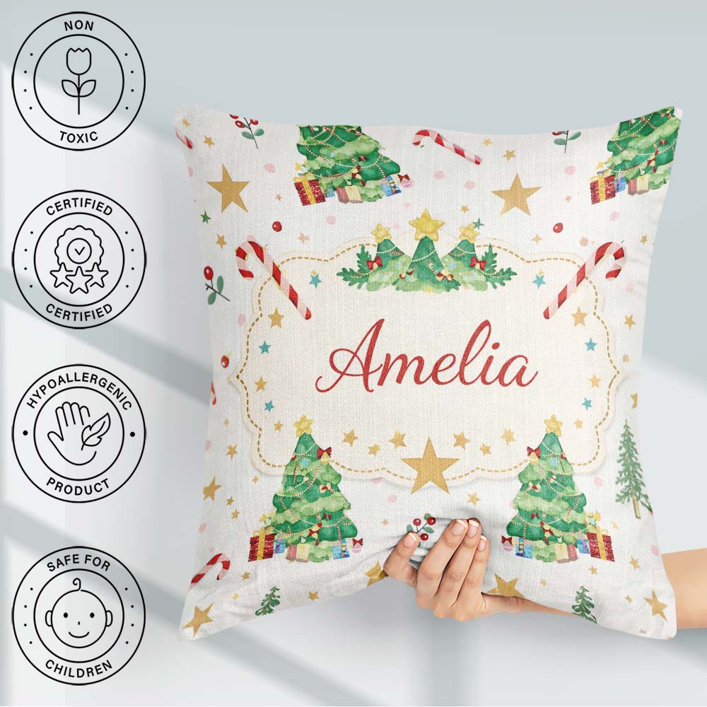 Custom Name Watercolor Christmas Tree Candy Cane Pattern Festive Square Filled Cushion Throw Pillow Sofa Bed Home Decor Zip Washable UK Made