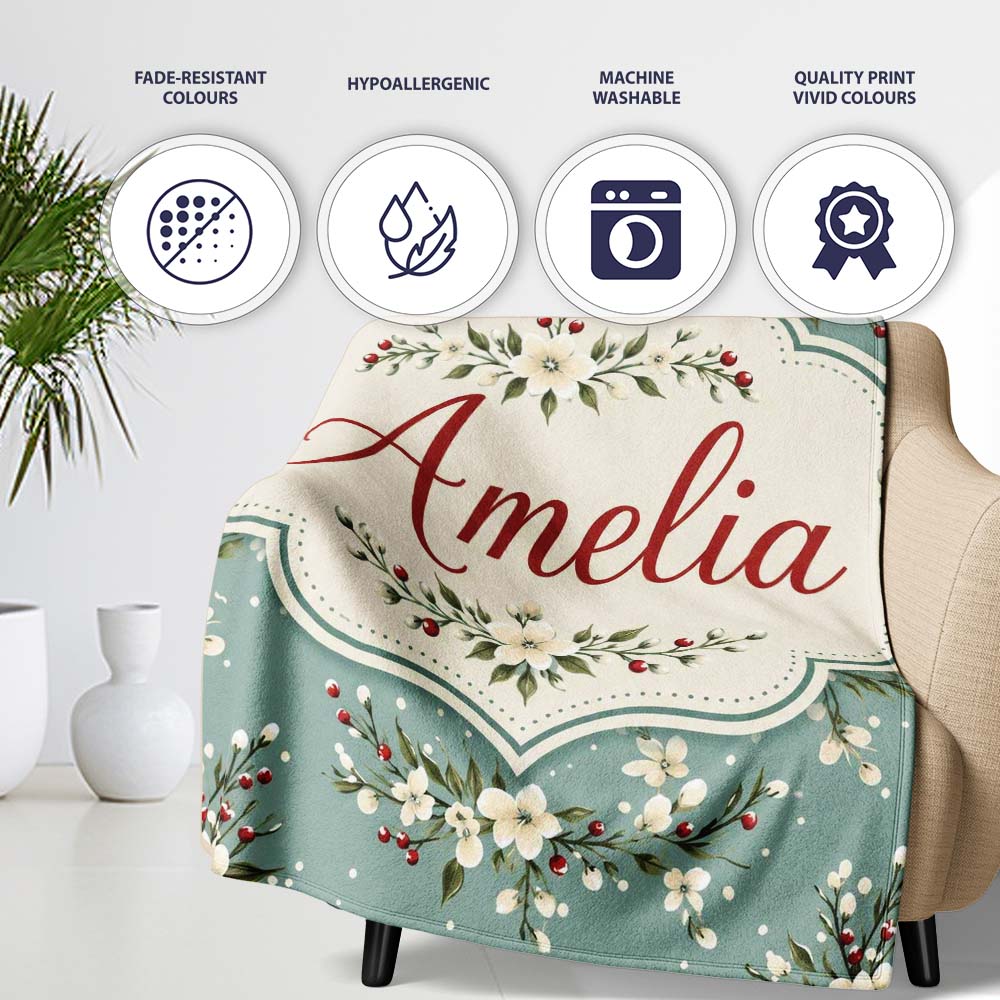 Soft Blue Floral and Berry Sprigs Seamless Pattern with Polka Dots Personalised Custom Name Super Soft Fleece Blanket Bed Sofa Throw