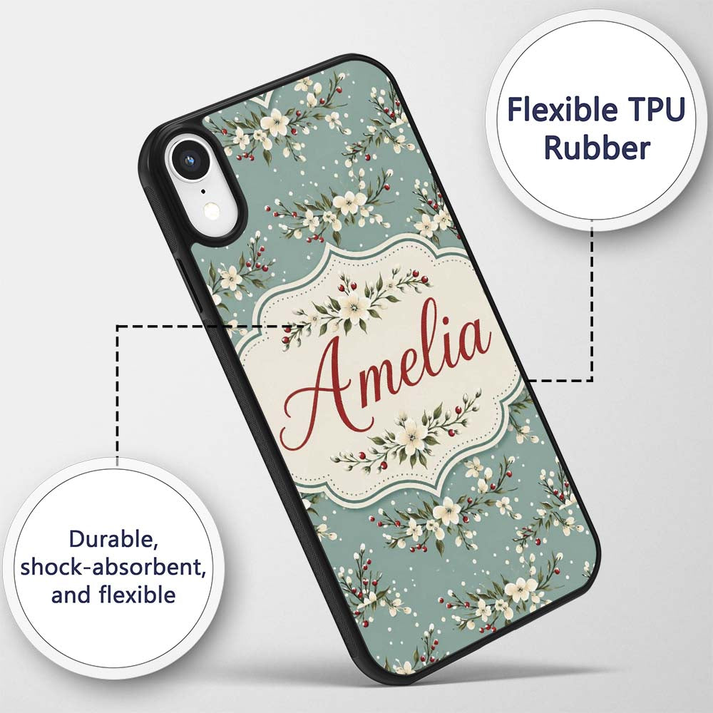Soft Blue Floral and Berry Sprigs Printed Design Custom Name Protective Phone Case Mobile Cover Durable Everyday Smartphone Shock Resistant