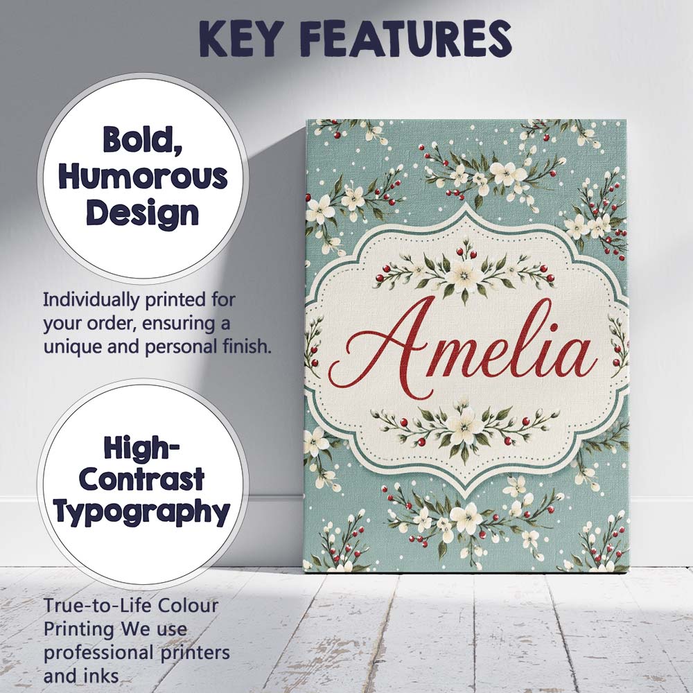 Personalised Name Soft Blue Floral and Custom Modern Room Accent Elegant Feature Canvas Wall Art Print Decor Picture Ready to Hang