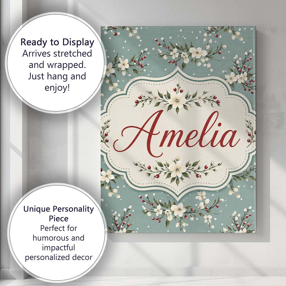 Personalised Name Soft Blue Floral and Custom Modern Room Accent Elegant Feature Canvas Wall Art Print Decor Picture Ready to Hang