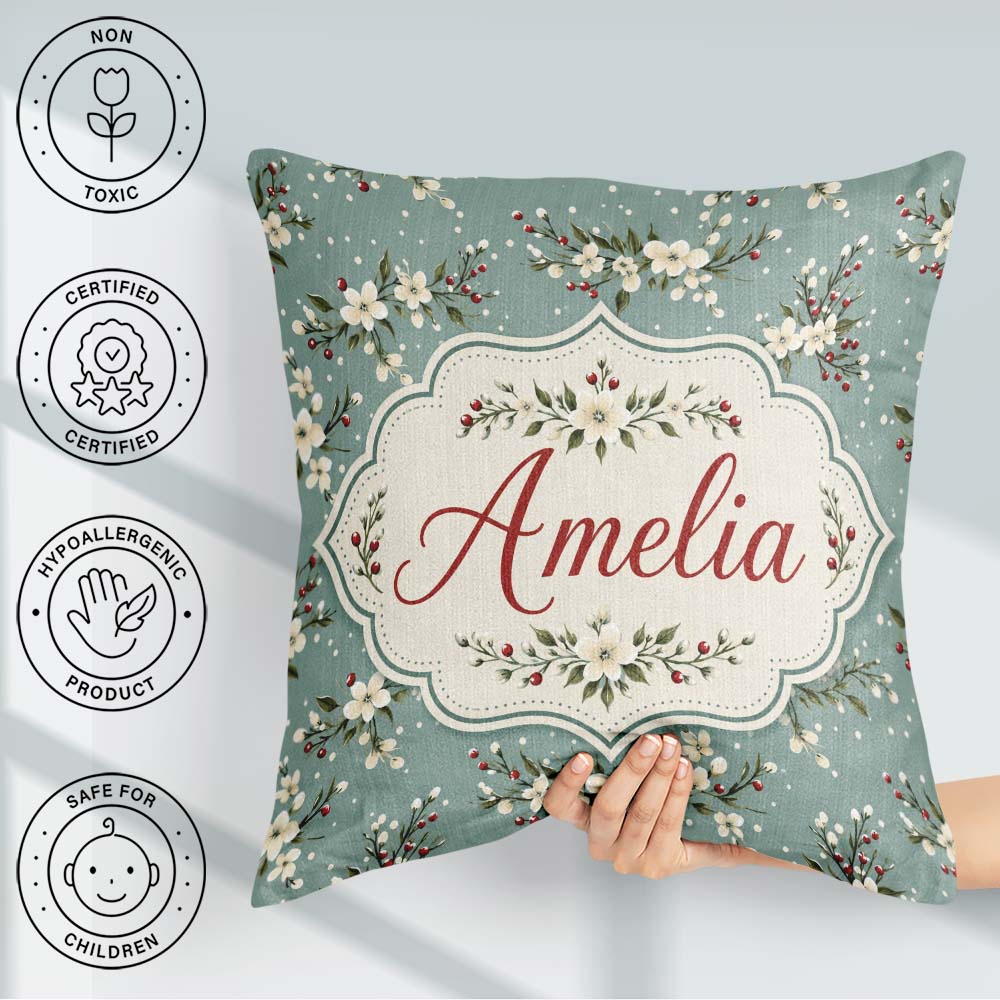 Custom Name Soft Blue Floral and Berry Sprigs Pattern with Polka Square Filled Cushion Throw Pillow Sofa Bed Home Decor Zip Washable UK Made