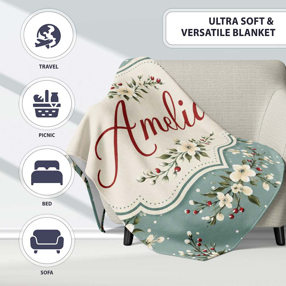 Soft Blue Floral and Berry Sprigs Seamless Pattern with Polka Dots Personalised Custom Name Super Soft Fleece Blanket Bed Sofa Throw