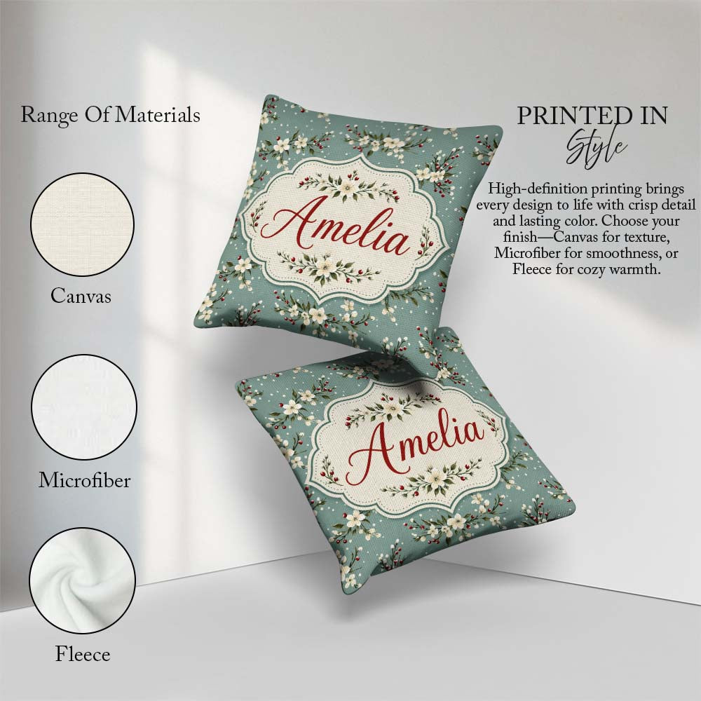 Custom Name Soft Blue Floral and Berry Sprigs Pattern with Polka Square Filled Cushion Throw Pillow Sofa Bed Home Decor Zip Washable UK Made