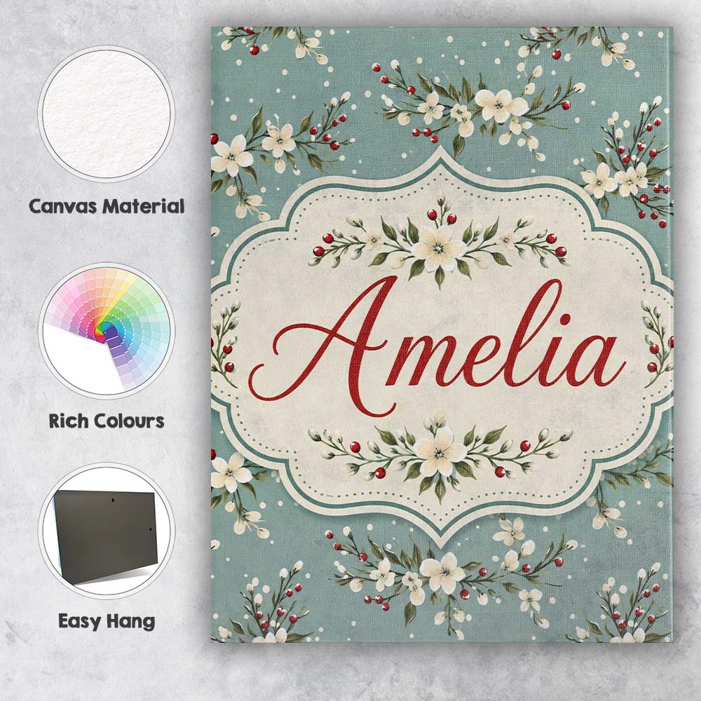 Personalised Name Soft Blue Floral and Custom Modern Room Accent Elegant Feature Canvas Wall Art Print Decor Picture Ready to Hang