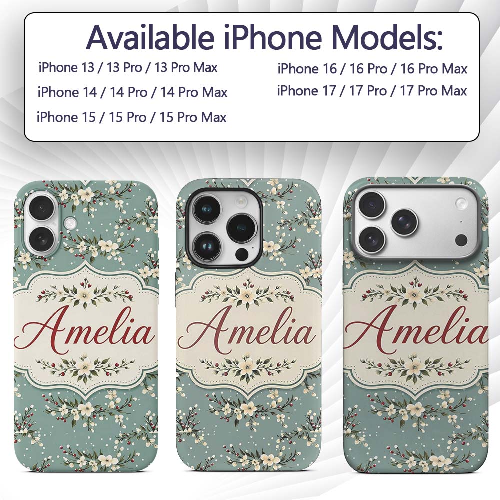 Soft Blue Floral and Berry Sprigs Printed Design Custom Name Protective Phone Case Mobile Cover Durable Everyday Smartphone Shock Resistant