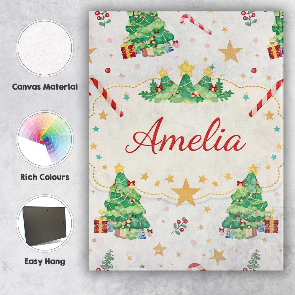 Personalised Name Watercolor Christmas Tree Candy Cane Pattern Custom Modern Room Accent Canvas Wall Art Print Decor Picture Ready to Hang
