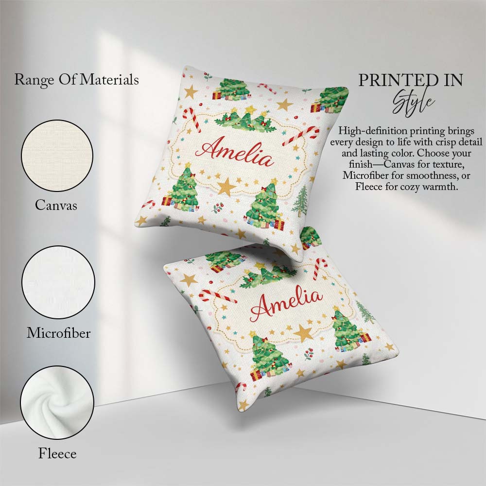 Custom Name Watercolor Christmas Tree Candy Cane Pattern Festive Square Filled Cushion Throw Pillow Sofa Bed Home Decor Zip Washable UK Made
