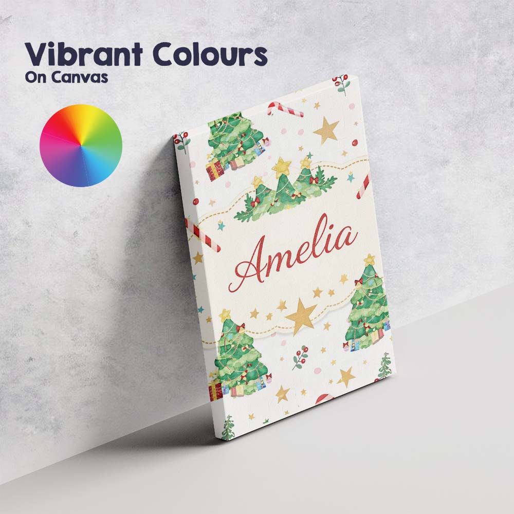 Personalised Name Watercolor Christmas Tree Candy Cane Pattern Custom Modern Room Accent Canvas Wall Art Print Decor Picture Ready to Hang