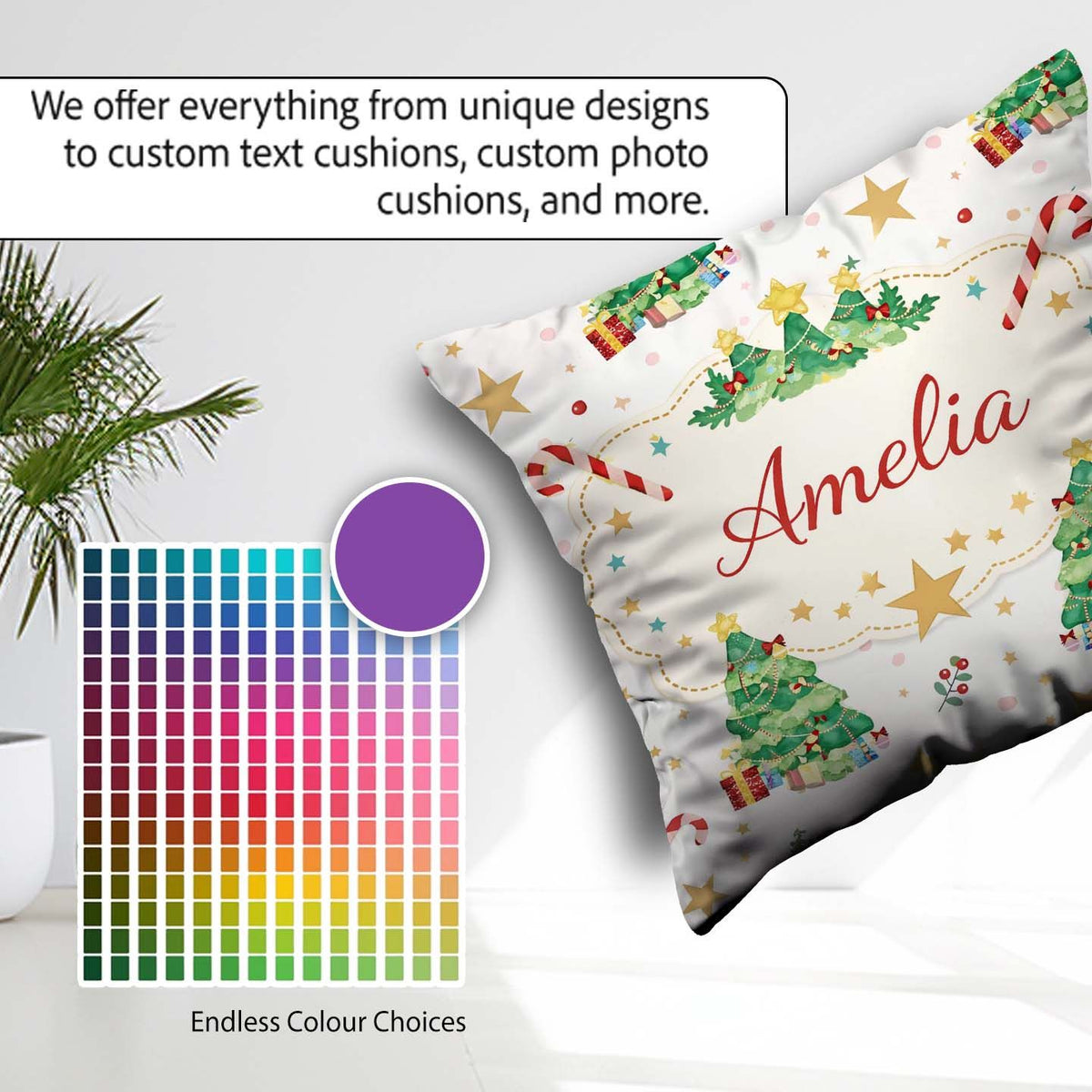Custom Name Watercolor Christmas Tree Candy Cane Pattern Festive Square Filled Cushion Throw Pillow Sofa Bed Home Decor Zip Washable UK Made