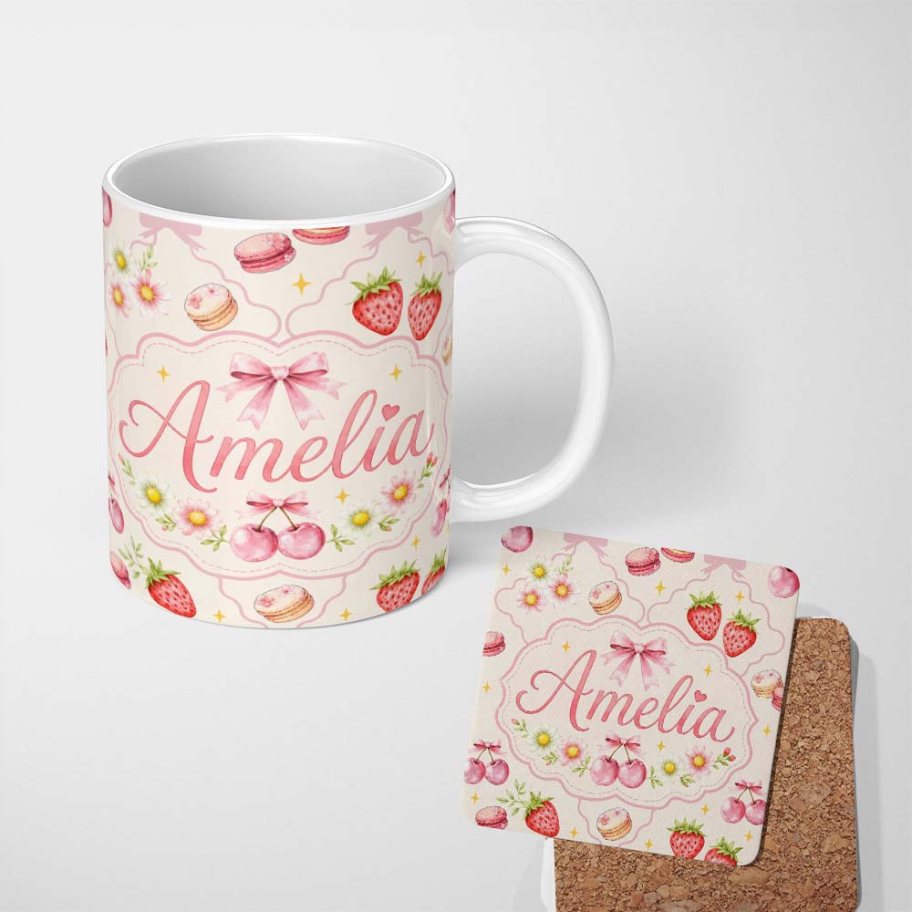 Personalized Custom Name Cute Strawberry Cherry Daisy Floral Bow Sweet Dessert Pale Neutral 11oz Ceramic Coffee Tea Mug White Large Handle