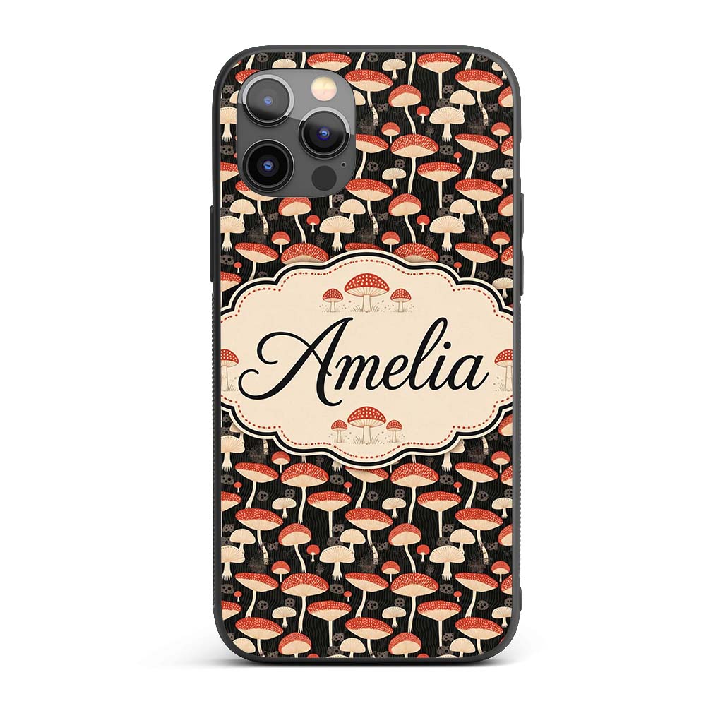 Woodland Mushroom Toadstool Seamless Pattern on Custom Name Protective Phone Case Mobile Cover Durable Everyday Smartphone Shock Resistant