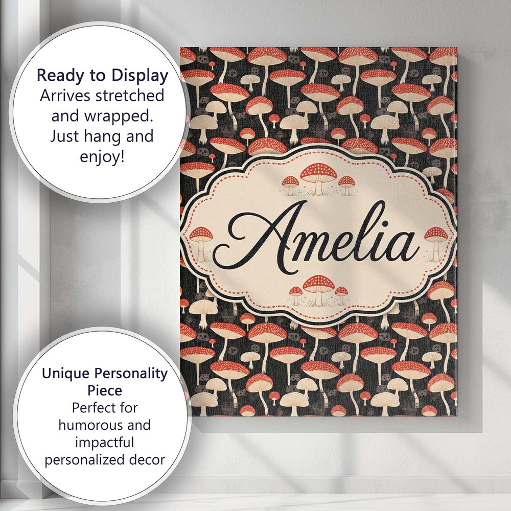 Personalised Name Woodland Mushroom Toadstool Custom Unique Gift Idea Modern Room Accent Canvas Wall Art Print Decor Picture Ready to Hang