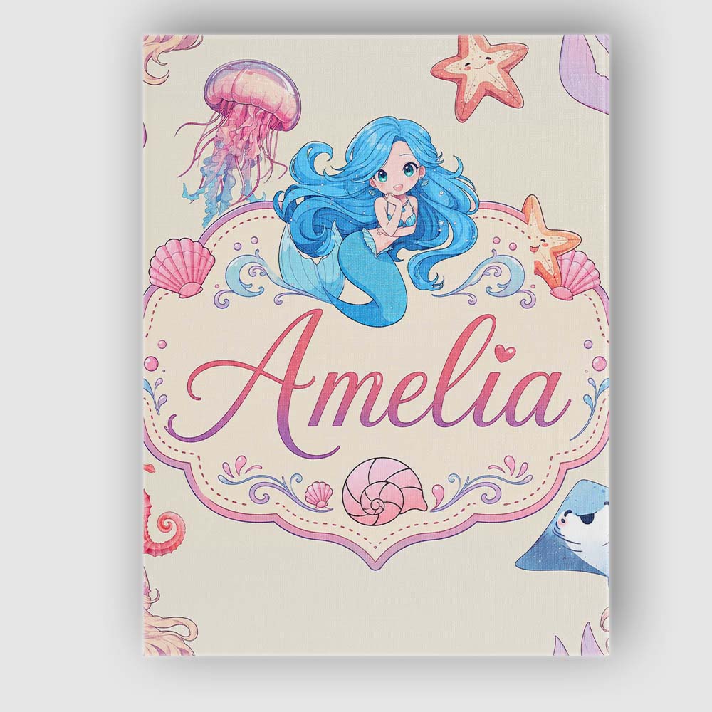 Personalised Name Cute Cartoon Mermaid and Custom Unique Gift Idea Elegant Feature Canvas Wall Art Print Decor Picture Ready to Hang