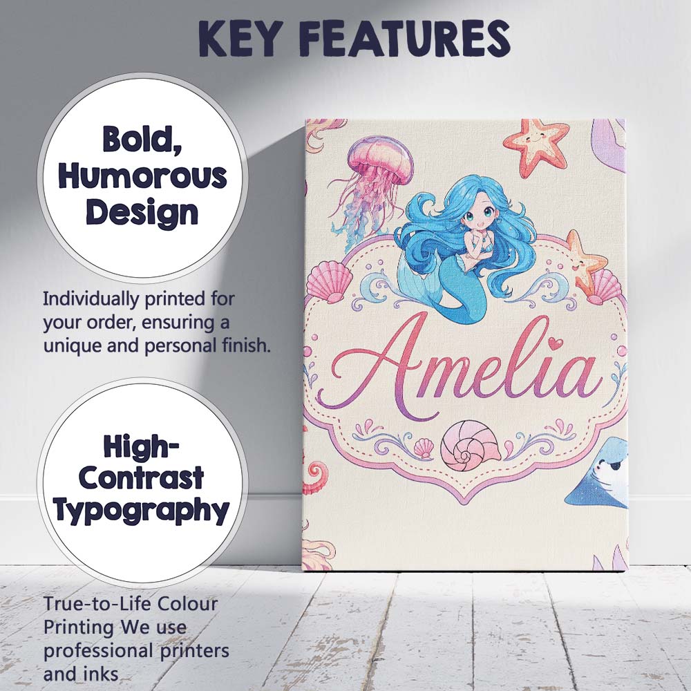 Personalised Name Cute Cartoon Mermaid and Custom Unique Gift Idea Elegant Feature Canvas Wall Art Print Decor Picture Ready to Hang